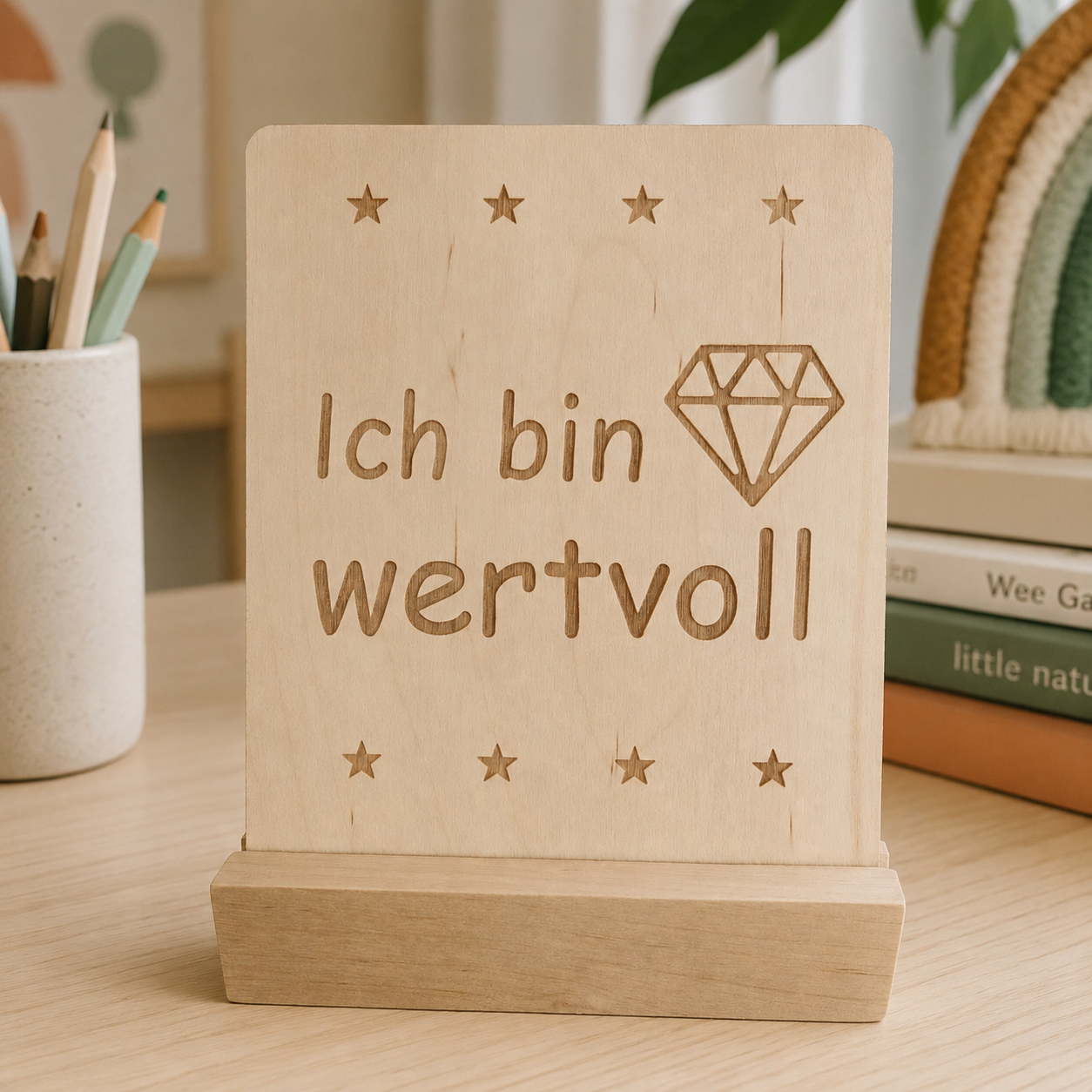 Affirmationskarte aus Holz für Kinder mit der Botschaft "Ich bin wertvoll" im Holzständer