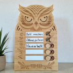 Eulen-Aufgabentafel aus Holz für Kinder mit beschreibbaren Aufgabenfeldern und Schiebereglern