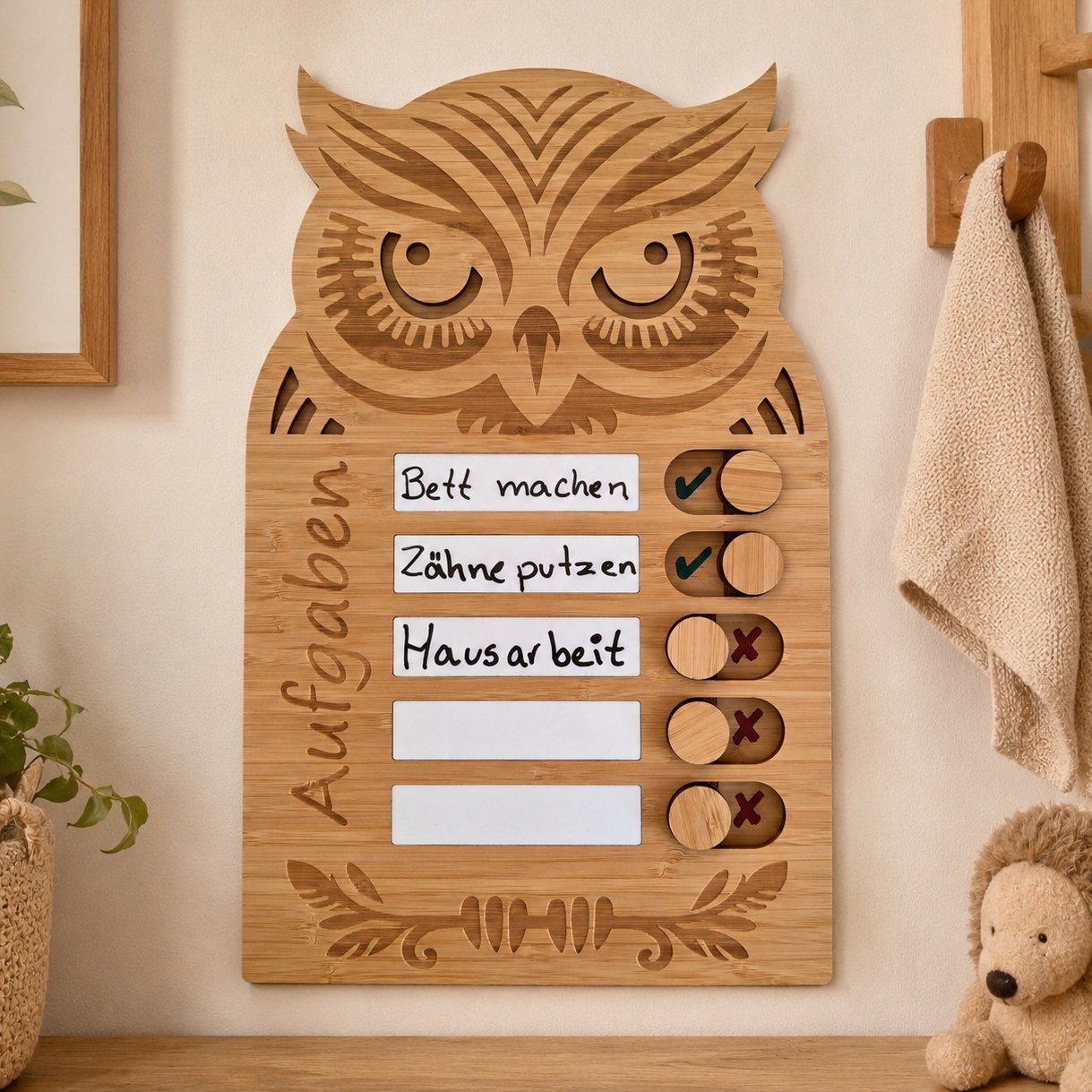 Eulen-Aufgabentafel aus Holz für Kinder mit beschreibbaren Aufgabenfeldern und Schiebereglern