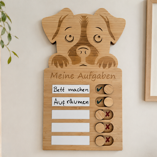 Hund-Aufgabentafel aus Holz für Kinder mit beschreibbaren Aufgabenfeldern und Schiebereglern