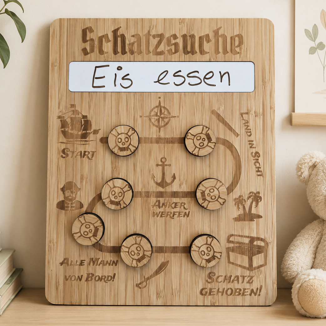 Belohnungstafel Schatzsuche aus Holz mit beschreibbarem Feld und magnetischen Münzen für Kinder