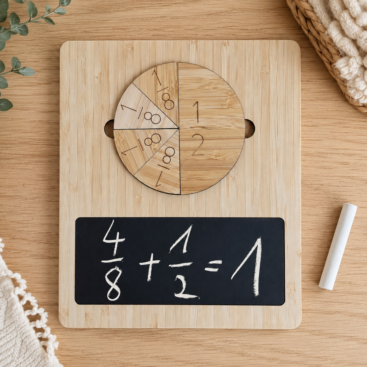 Bruchrechnen-Lernset aus Holz mit Bruchkreisen und Tafelfeld zum Darstellen von Brüchen