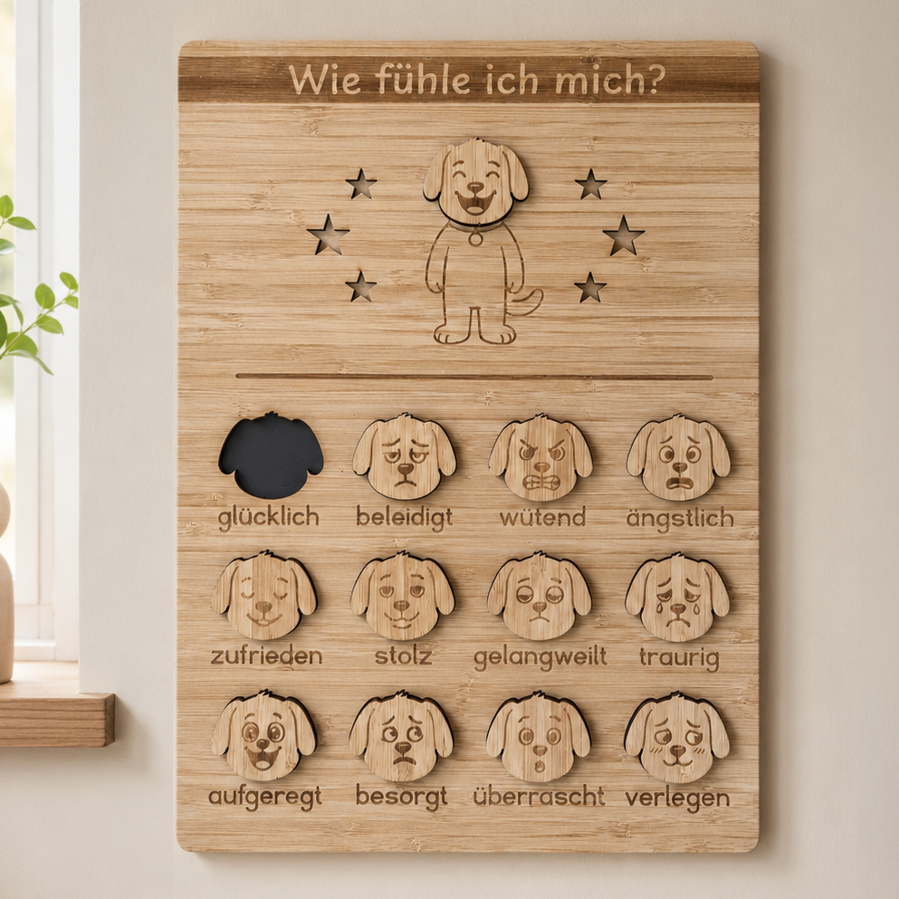 Gefühlstafel Hund aus Holz für Kinder mit 12 magnetischen Hundegesichtern zum Benennen von Gefühlen