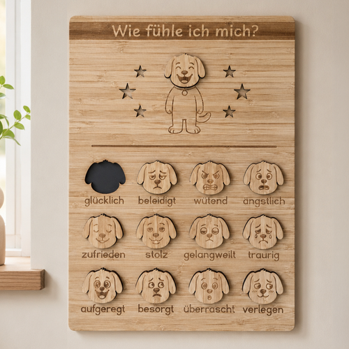 Gefühlstafel Hund aus Holz für Kinder mit 12 magnetischen Hundegesichtern zum Benennen von Gefühlen