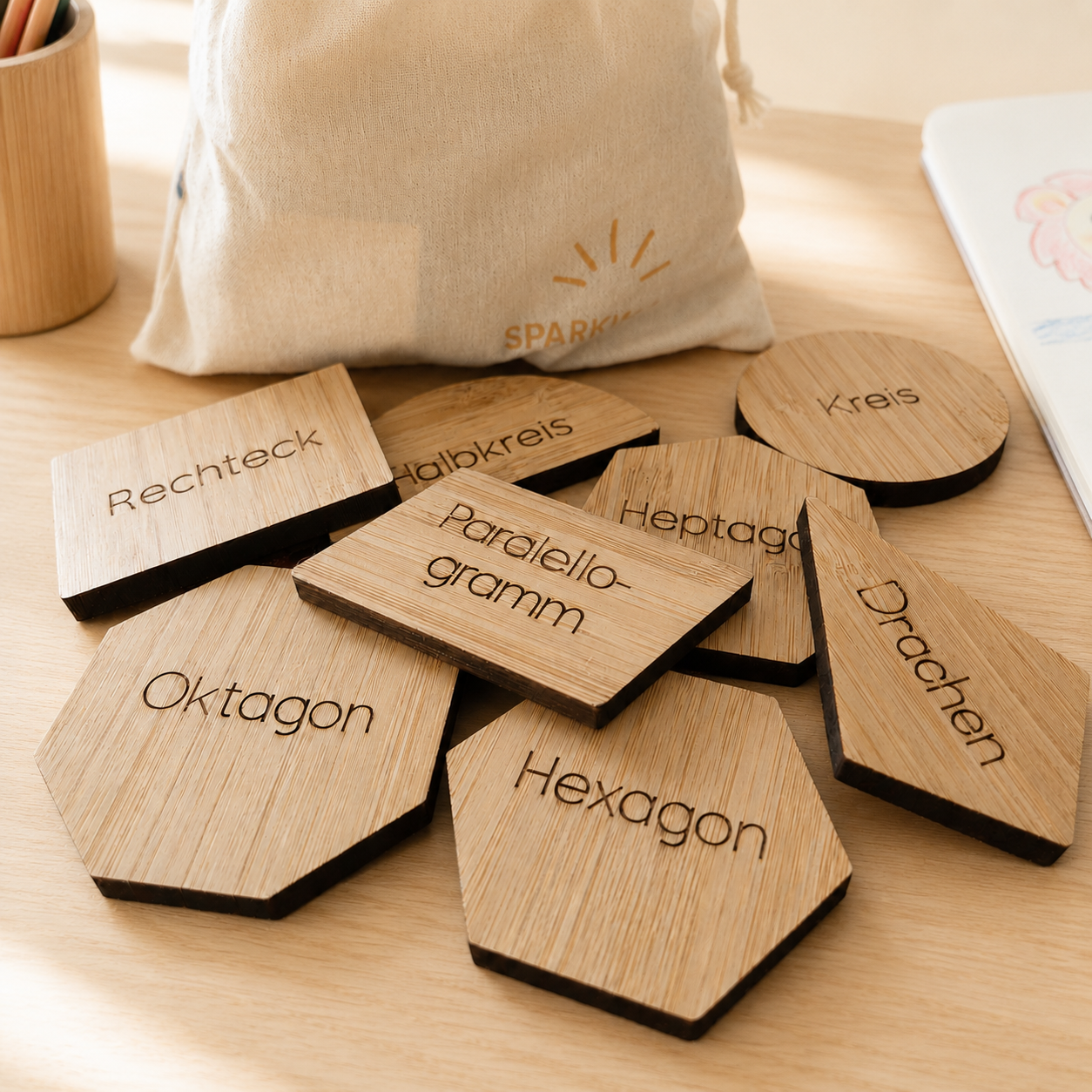 Geometrische Formen aus Holz für Kinder mit 20 beschrifteten Formen aus Bambus-Holz und Stoffbeutel