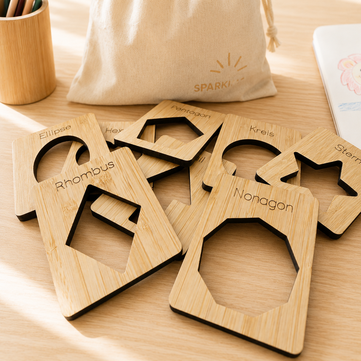 Geometrische Schablonen aus Holz für Kinder mit beschrifteten Formen und Stoffbeutel