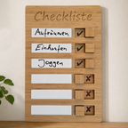 Holz-Checkliste mit beschreibbaren Aufgabenfeldern und Schiebereglern zum Abhaken