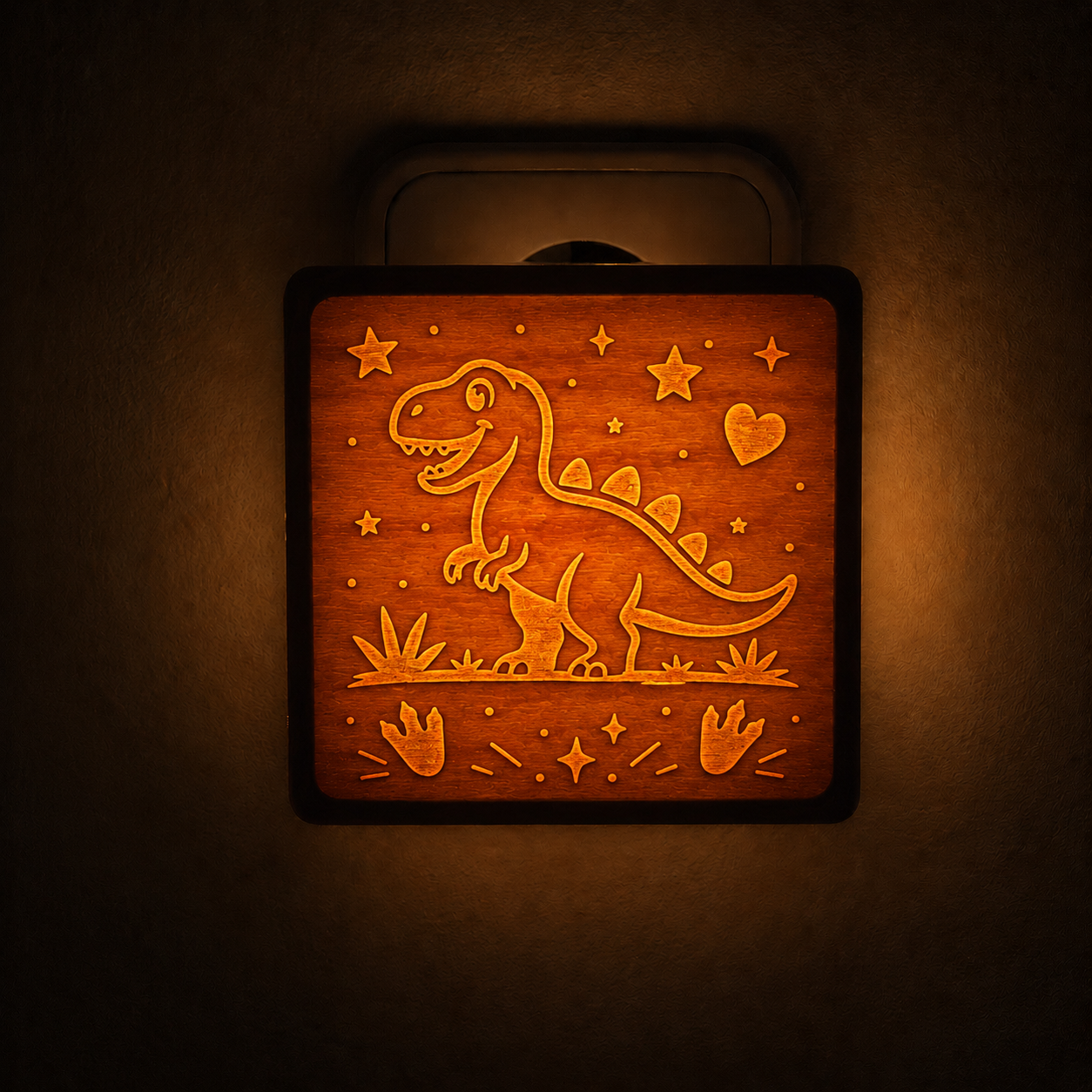 Kinder-Nachtlicht aus Holz mit warm leuchtendem Dinosaurier-Motiv