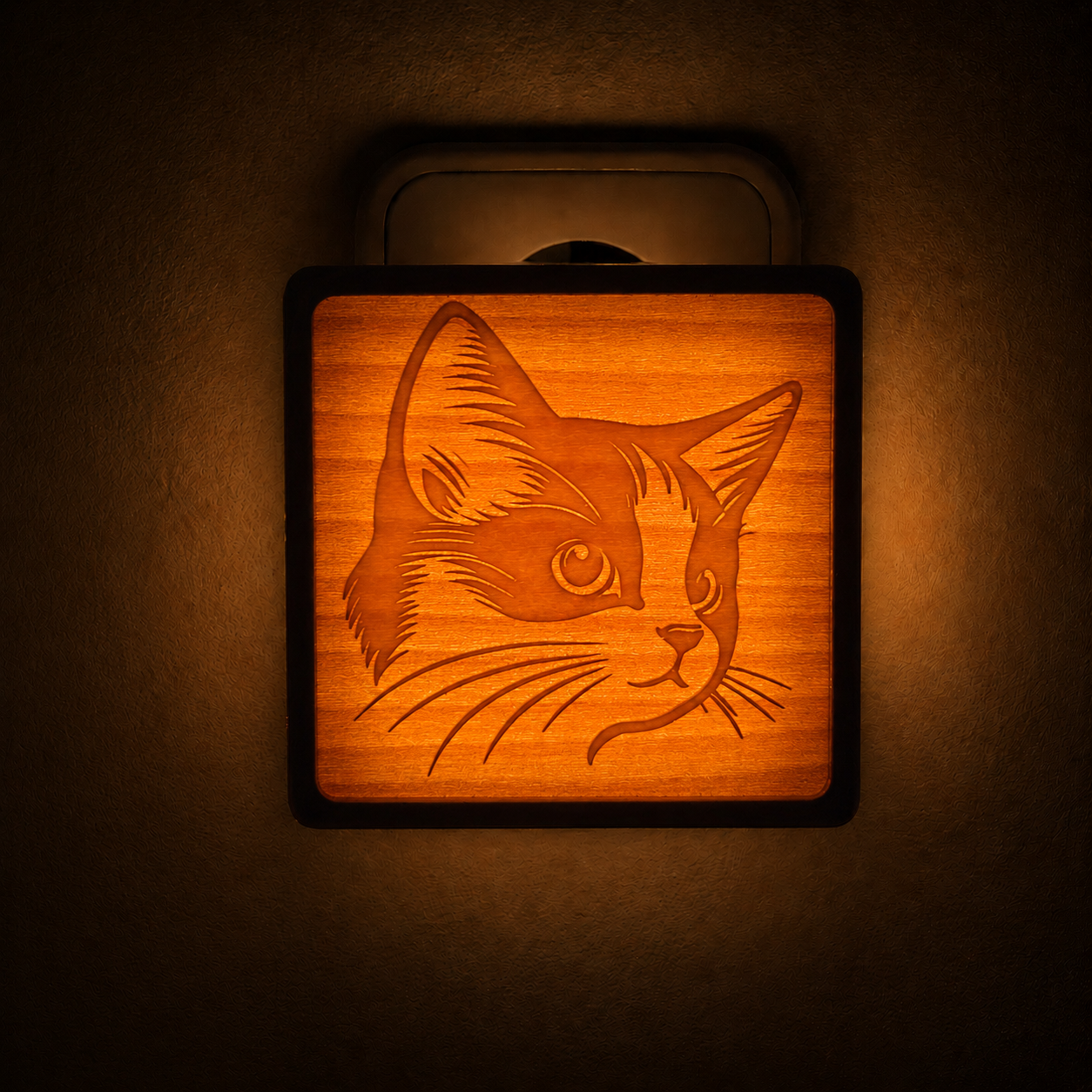 Kinder-Nachtlicht aus Holz mit warm leuchtendem Katze-Motiv