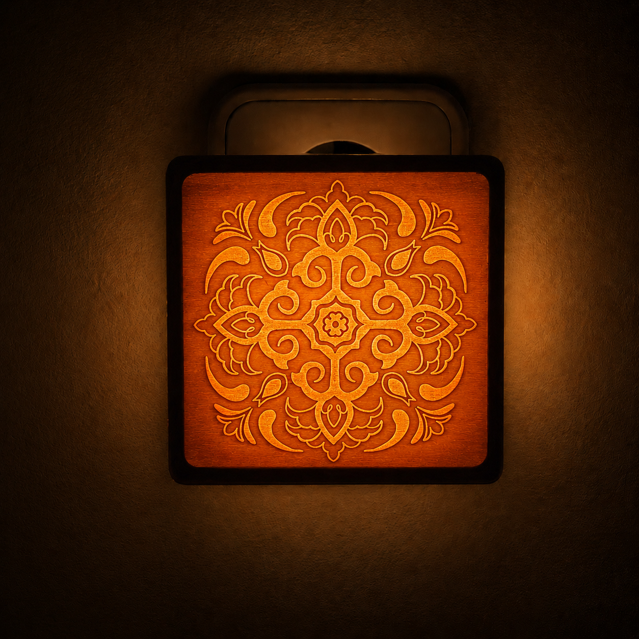 Kinder-Nachtlicht aus Holz mit warm leuchtendem Mandala-Motiv