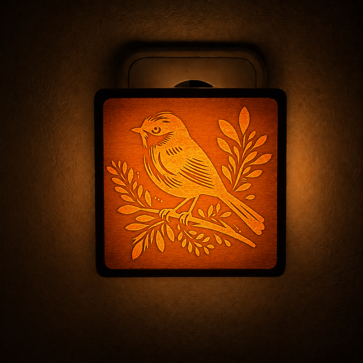 Kinder-Nachtlicht aus Holz mit warm leuchtendem Vogel-Motiv