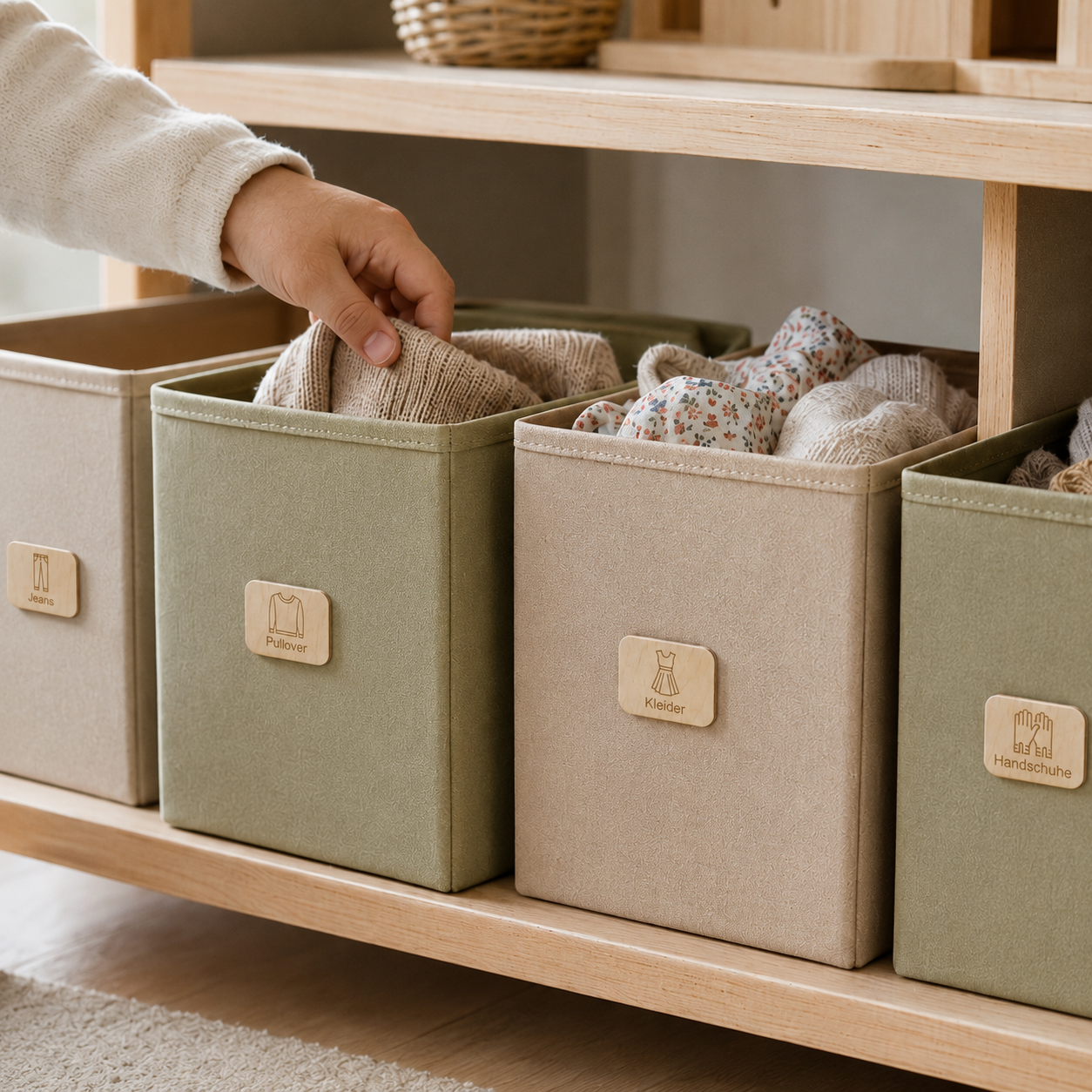 Kinderzimmer Etiketten Holz Variante Kleidung an Aufbewahrungsboxen mit Symbolschildern