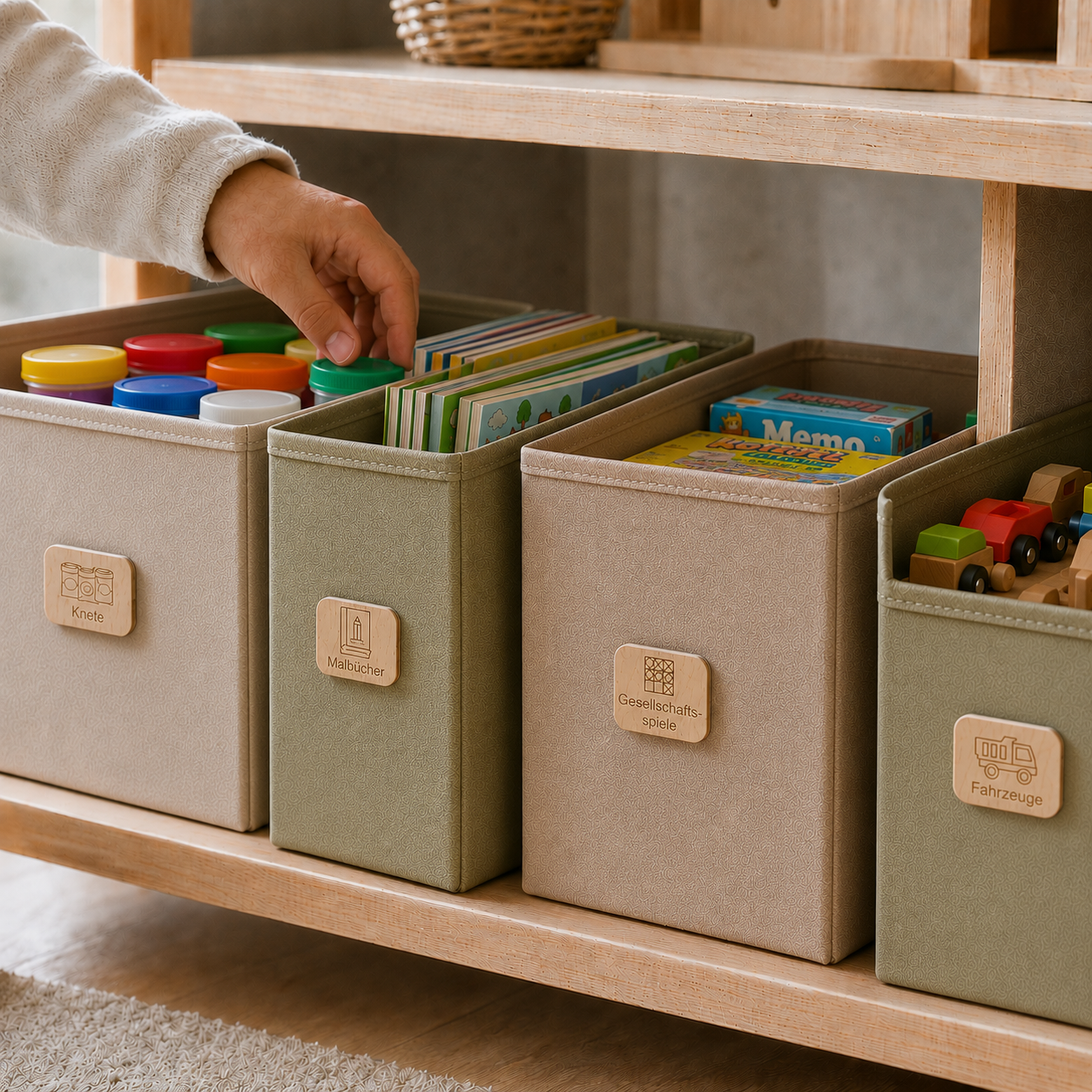 Kinderzimmer Etiketten Holz Variante Spielsachen an Aufbewahrungsboxen mit Symbolschildern