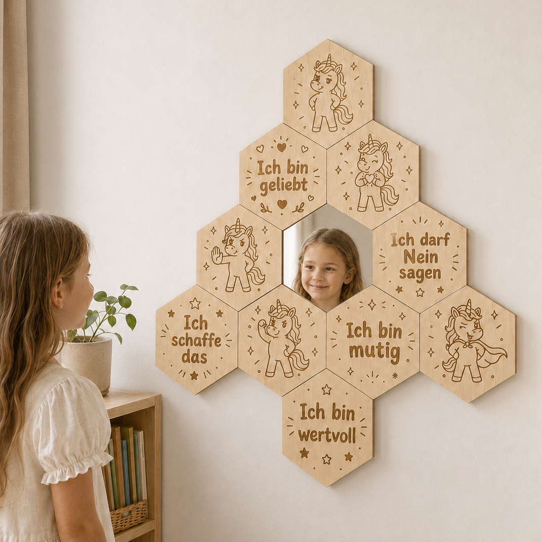 Mutmach-Spiegel Einhorn Natur aus Birkenholz für Kinder mit Affirmationen und Acrylspiegel