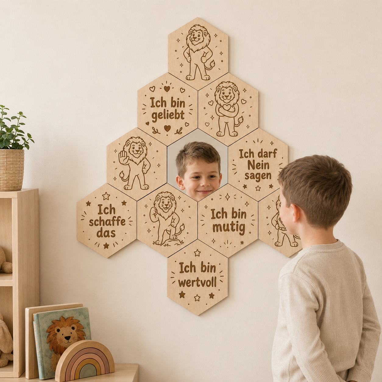 Mutmach-Spiegel Löwe Natur aus Birkenholz für Kinder mit Affirmationen und Acrylspiegel