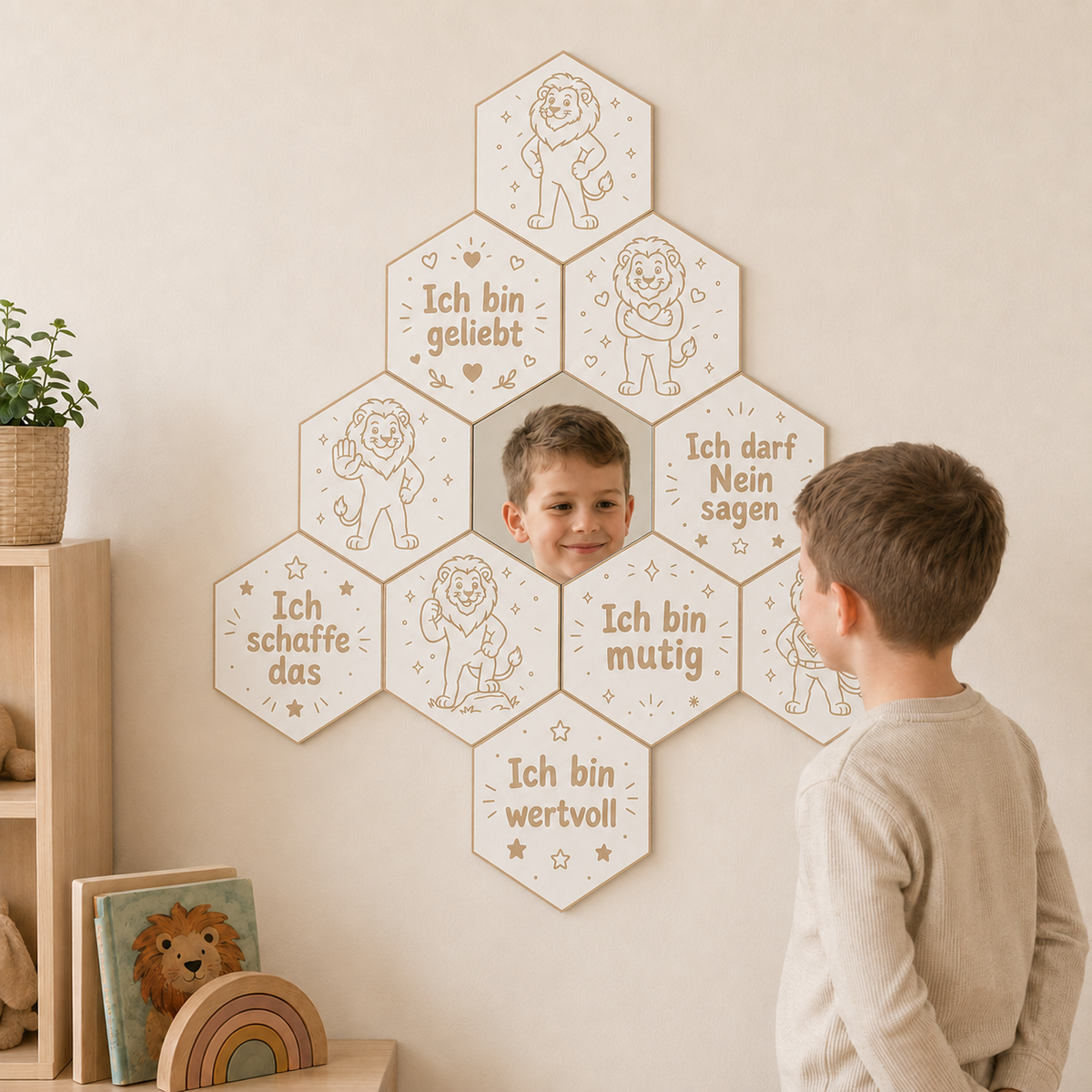 Mutmach-Spiegel Löwe weiß aus Birkenholz für Kinder mit Affirmationen und Acrylspiegel