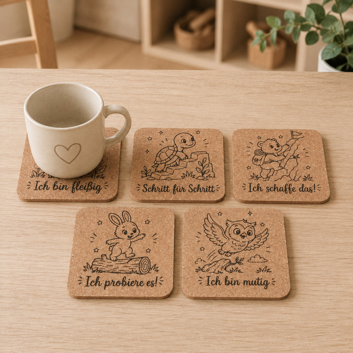 Mutmach-Untersetzer aus Kork für Kinder mit positiven Affirmationen und Tiermotiven