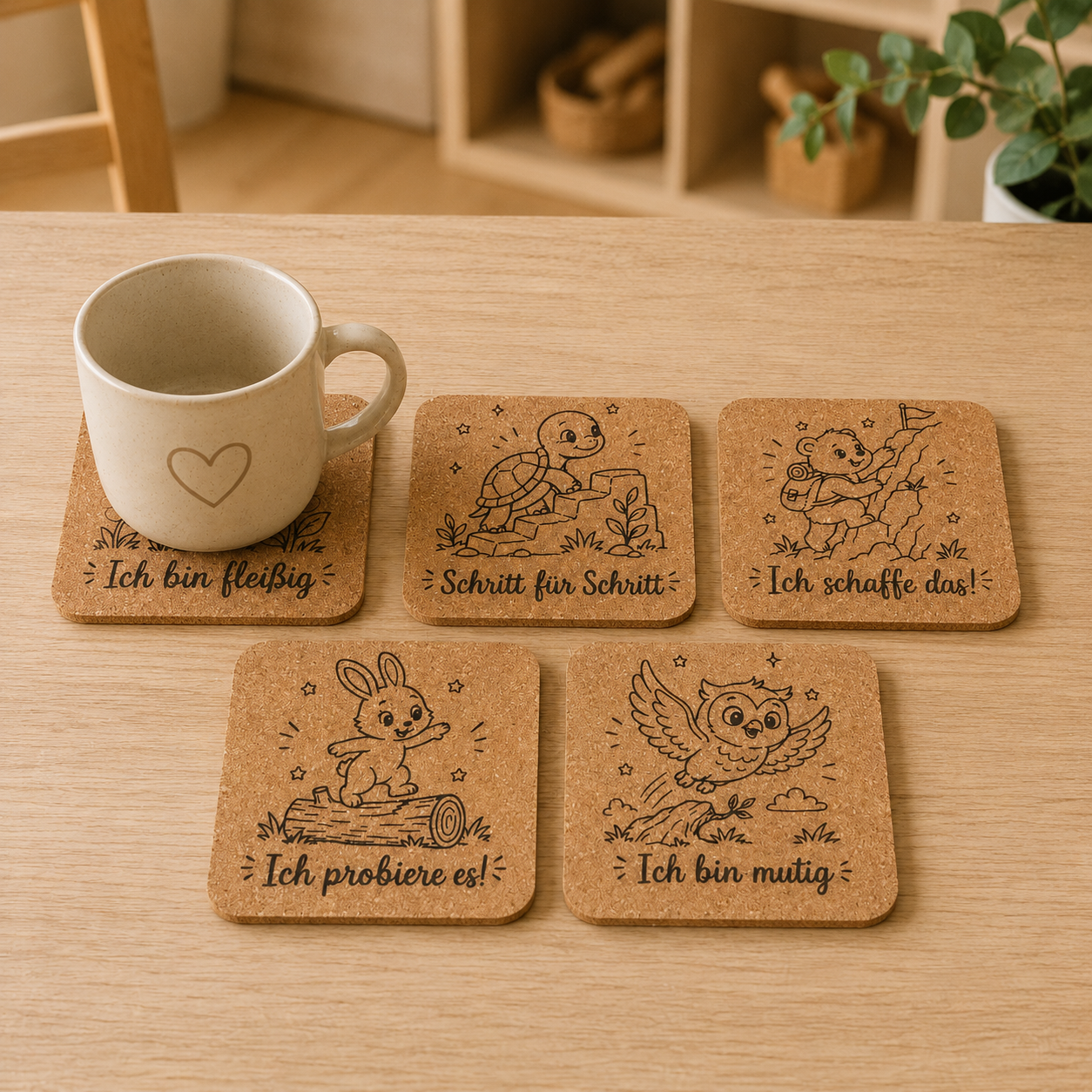 Mutmach-Untersetzer aus Kork für Kinder mit positiven Affirmationen und Tiermotiven