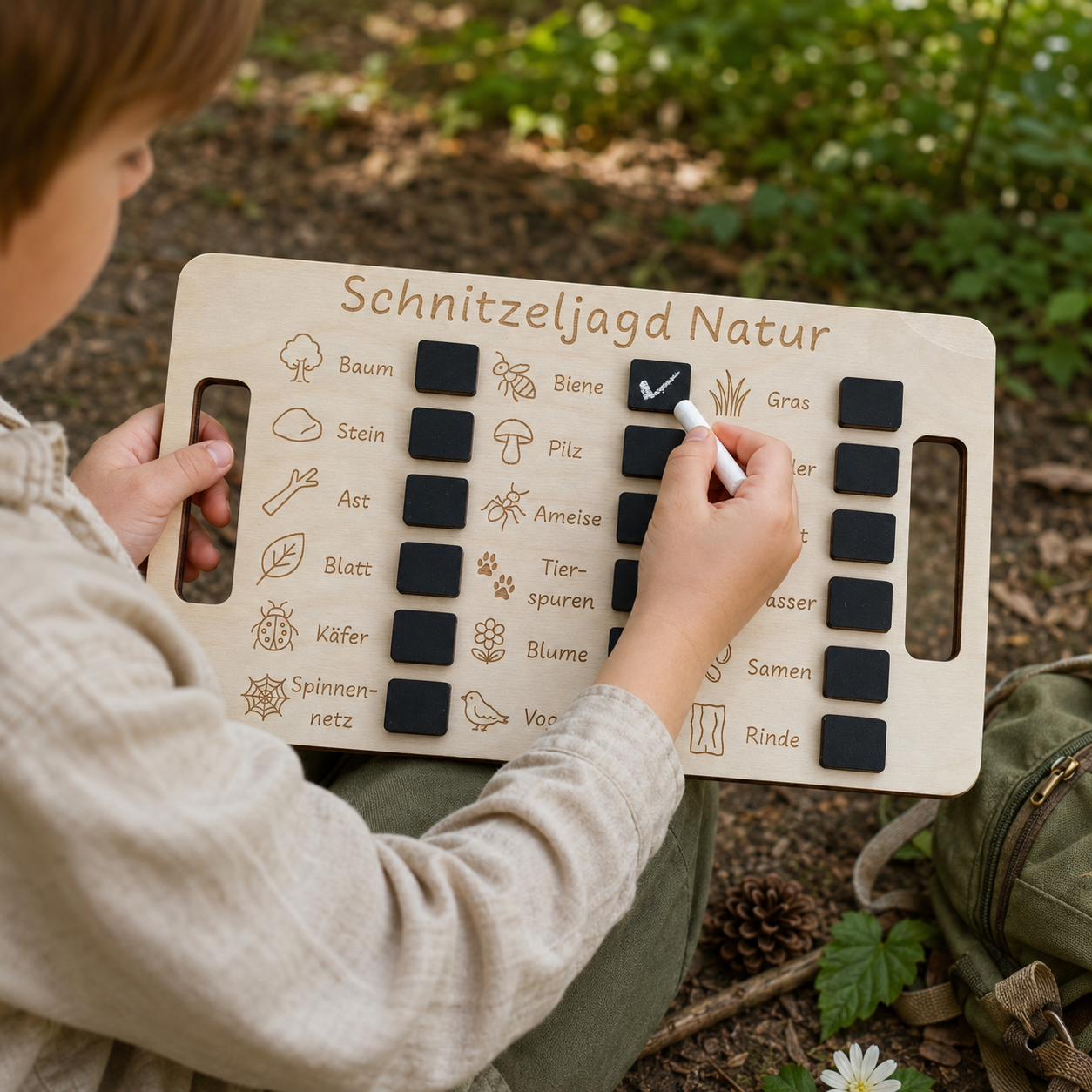 Kind nutzt die Schnitzeljagd Natur aus Holz und entdeckt draußen spielerisch Motive wie Baum, Blatt und Vogel.