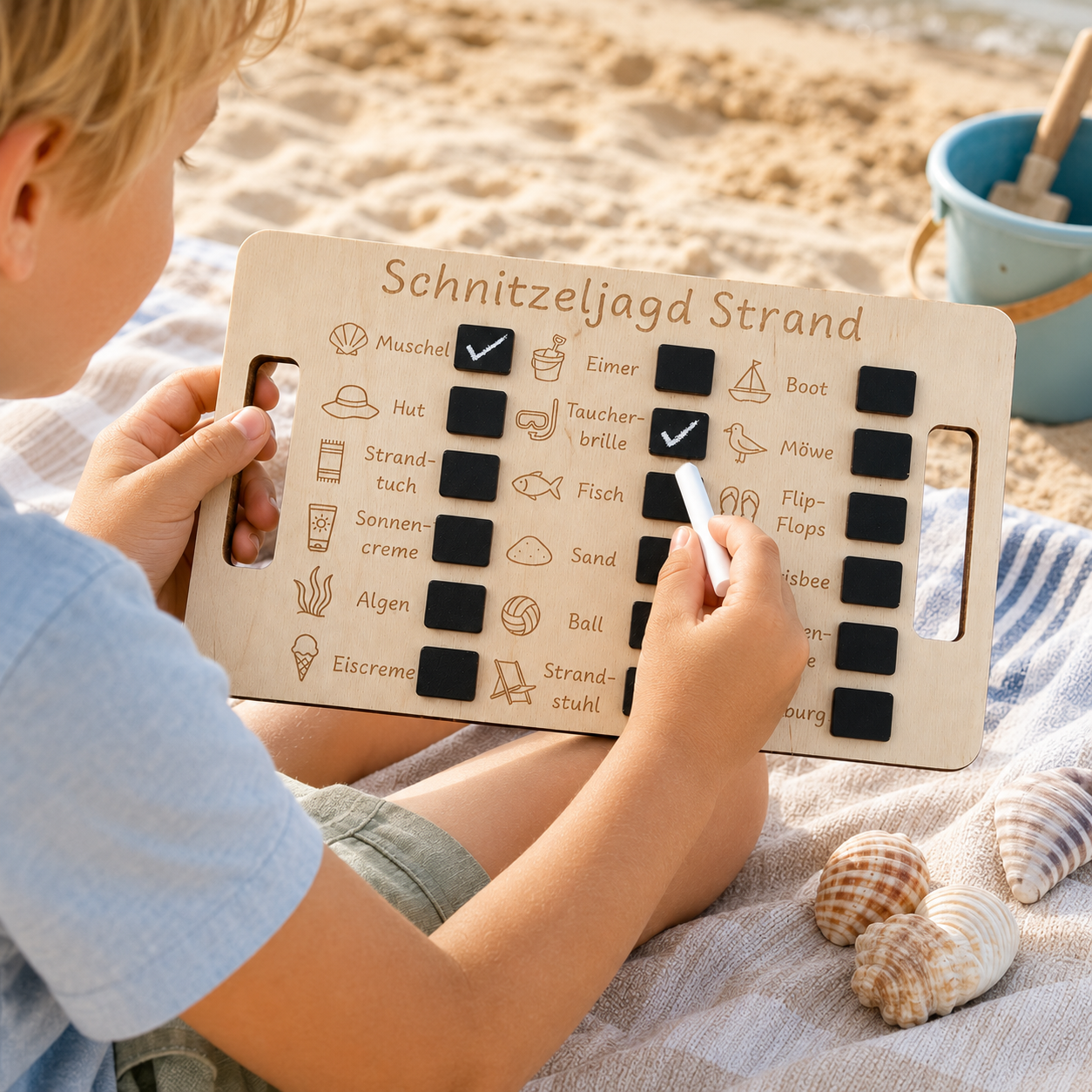 Kind nutzt die Schnitzeljagd Strand aus Holz und entdeckt spielerisch Motive wie Muschel, Boot und Sandburg.