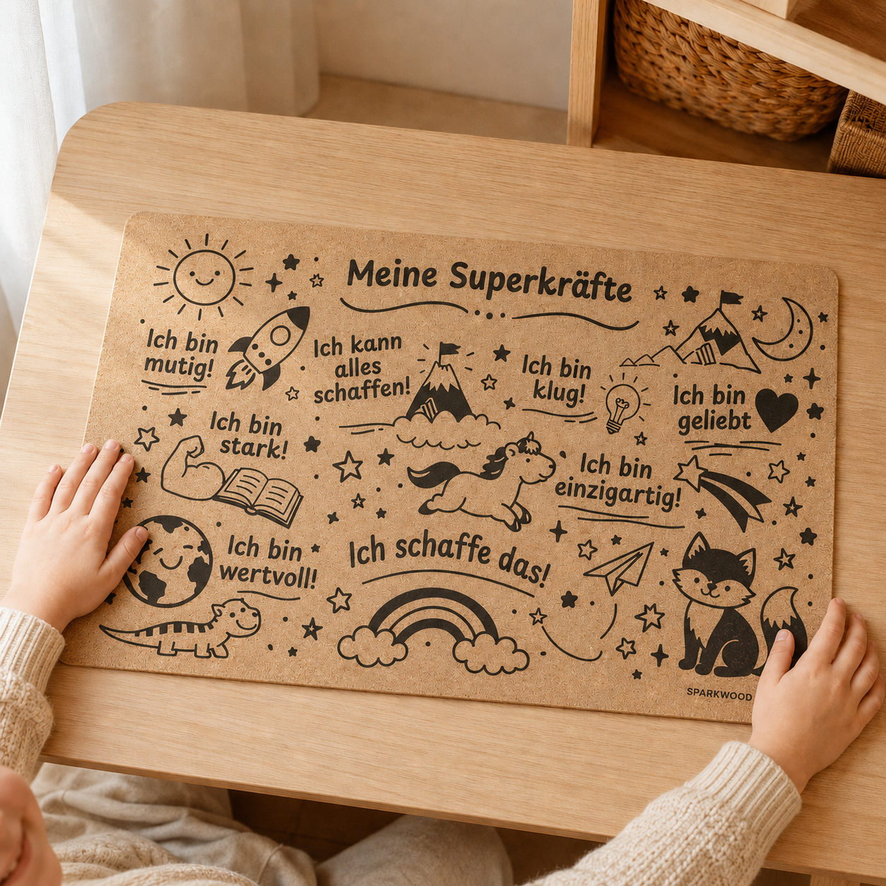 Kork-Schreibtischunterlage für Kinder mit positiven Affirmationen und Tiermotiven