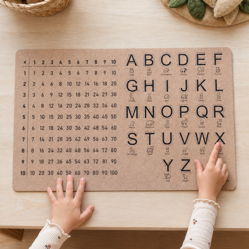 Schreibtischunterlage aus Kork für Kinder mit Alphabet, Tiermotiven und kleinem Einmaleins zum Lernen am Schreibtisch