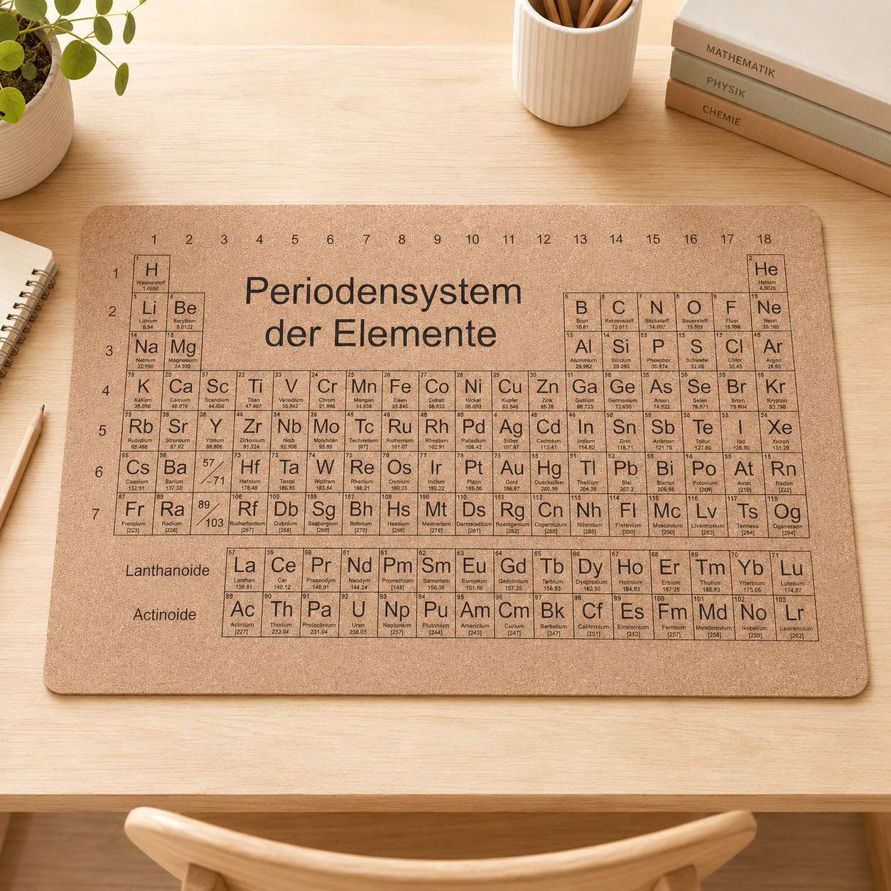 Schreibtischunterlage aus Kork mit vollständigem Periodensystem der Elemente auf einem hellen Schreibtisch