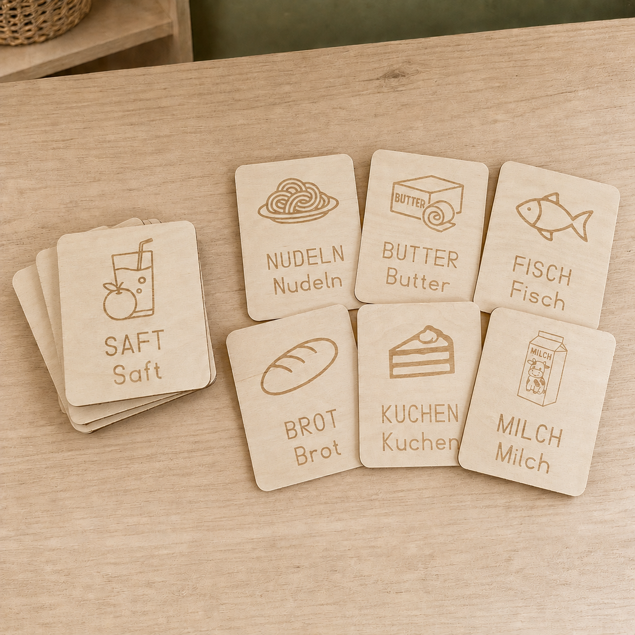 Schreibübungskarten aus Holz mit Lebensmitteln und Getränken wie Saft, Nudeln, Butter, Fisch, Brot, Kuchen und Milch