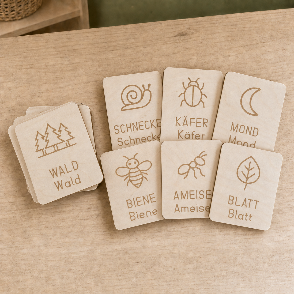 Schreibübungskarten aus Holz mit Naturmotiven wie Wald, Schnecke, Käfer, Mond, Biene, Ameise und Blatt