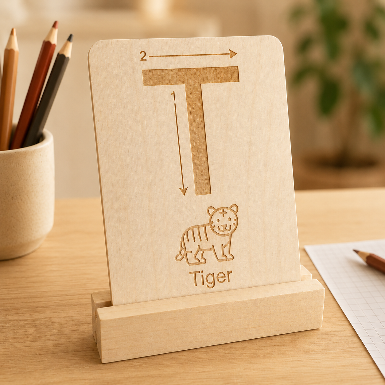 Sensorische Holz-Buchstabenkarte mit dem Buchstaben T, Pfeilführung, Tiger-Motiv und Holzständer zum Nachfahren