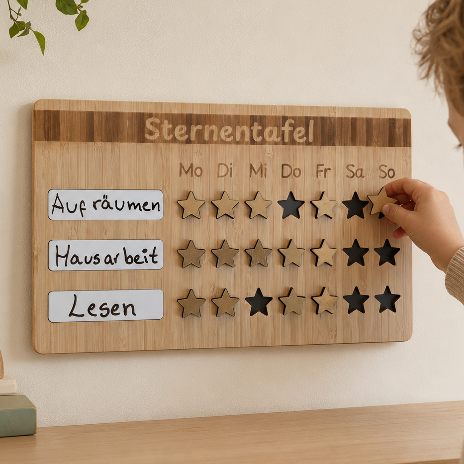 Sternentafel Wochenroutine aus Holz für Kinder mit drei Aufgabenfeldern und 21 magnetischen Sternen