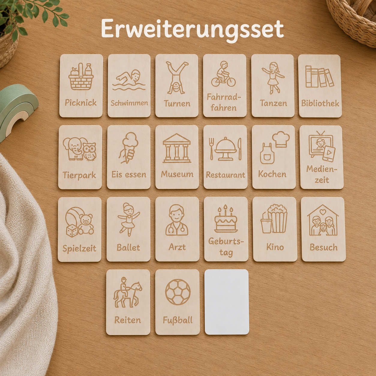 Erweiterungsset für den Tagesplan aus Holz mit Aktivitätskarten, Terminkarten und beschreibbarer Karte