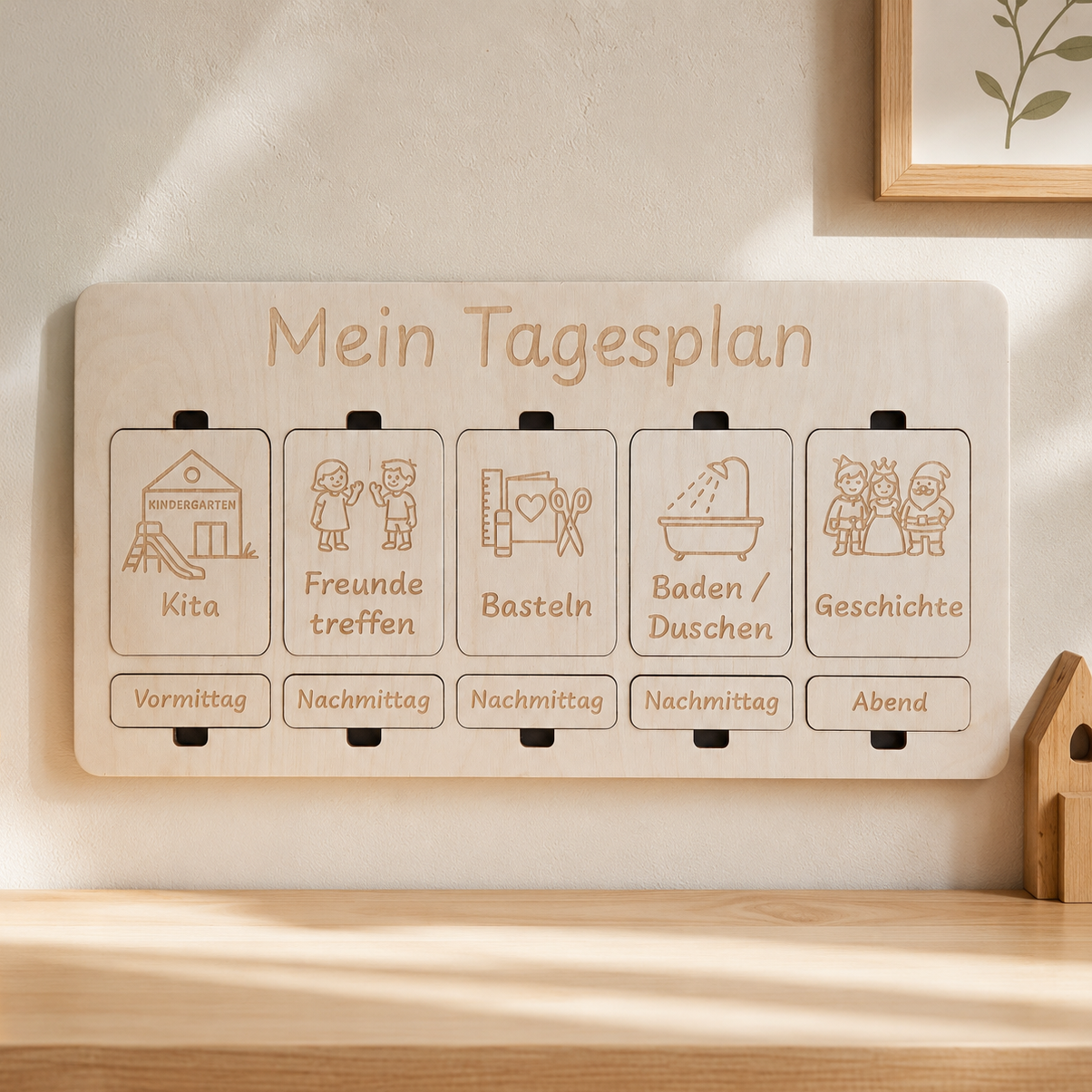 Magnetischer Tagesplan aus Holz für Kinder mit Aktivitätskarten und Zeitkarten für den Tagesablauf