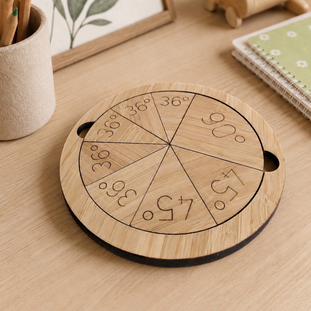 Winkelkreis-Lernbrett aus Holz mit Winkelsegmenten zum Lernen von Gradmaßen