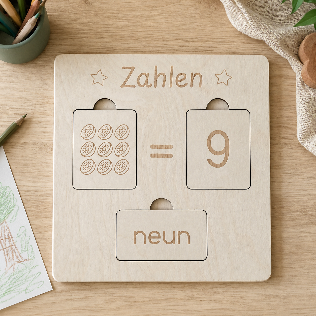 Zahlen-Lernbrett aus Birkenholz für Vorschule und Kindergarten mit Mengenkarten, Ziffern und Zahlwörtern