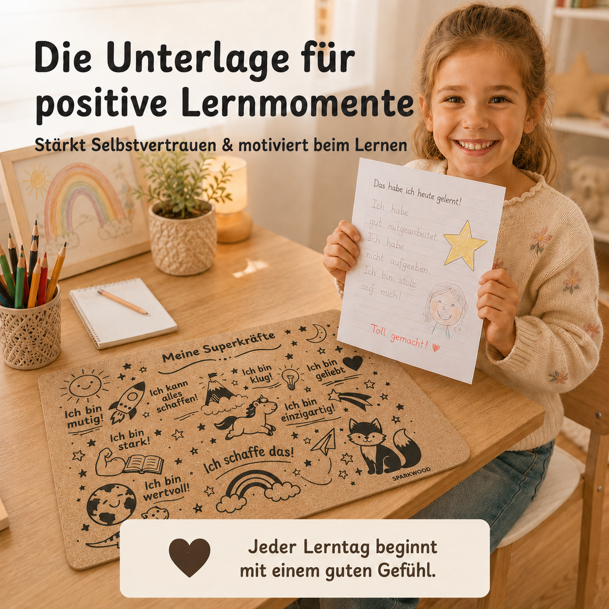 Kind zeigt stolz ein Lernergebnis neben der Affirmationen-Schreibtischunterlage aus Kork für positive Lernmomente