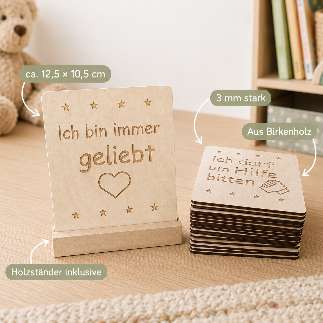 Set mit 20 Affirmationskarten aus Holz für Kinder mit Holzständer für ein tägliches Ritual