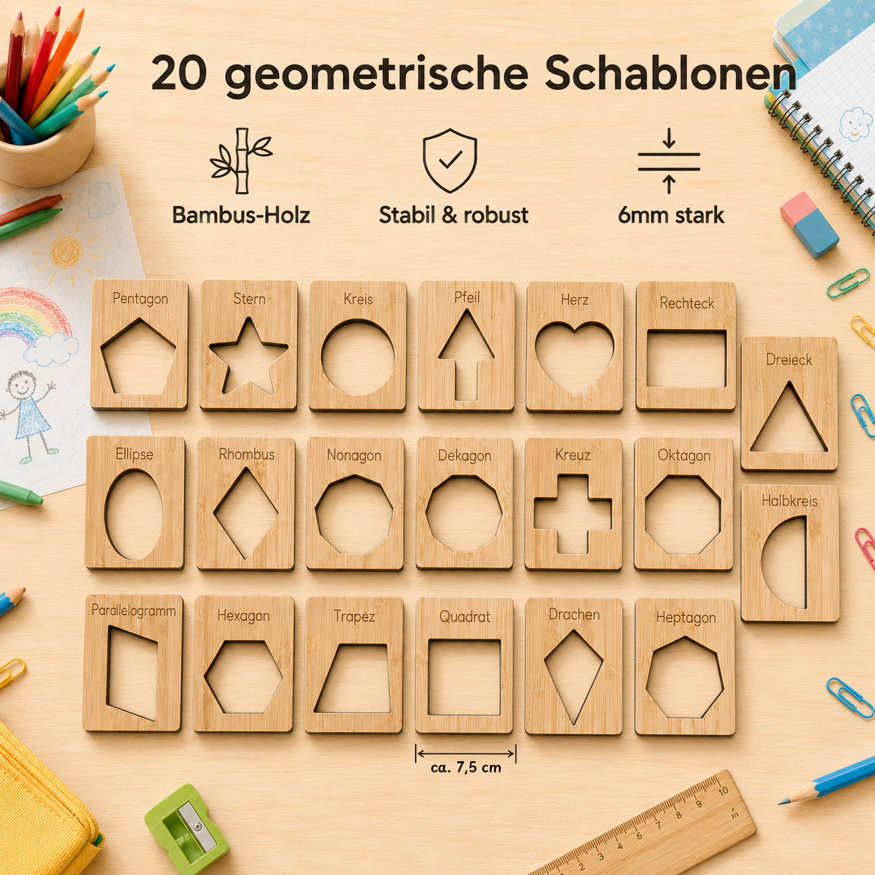Set mit 20 geometrischen Holzschablonen aus Bambus-Holz zum Nachzeichnen und Formenlernen