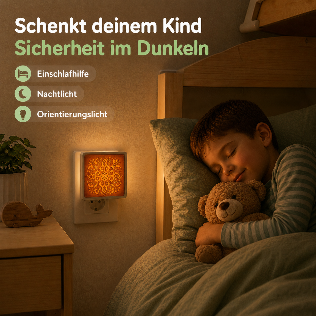 Schlafendes Kind mit Mandala-Nachtlicht aus Holz als sanfte Orientierung im Dunkeln