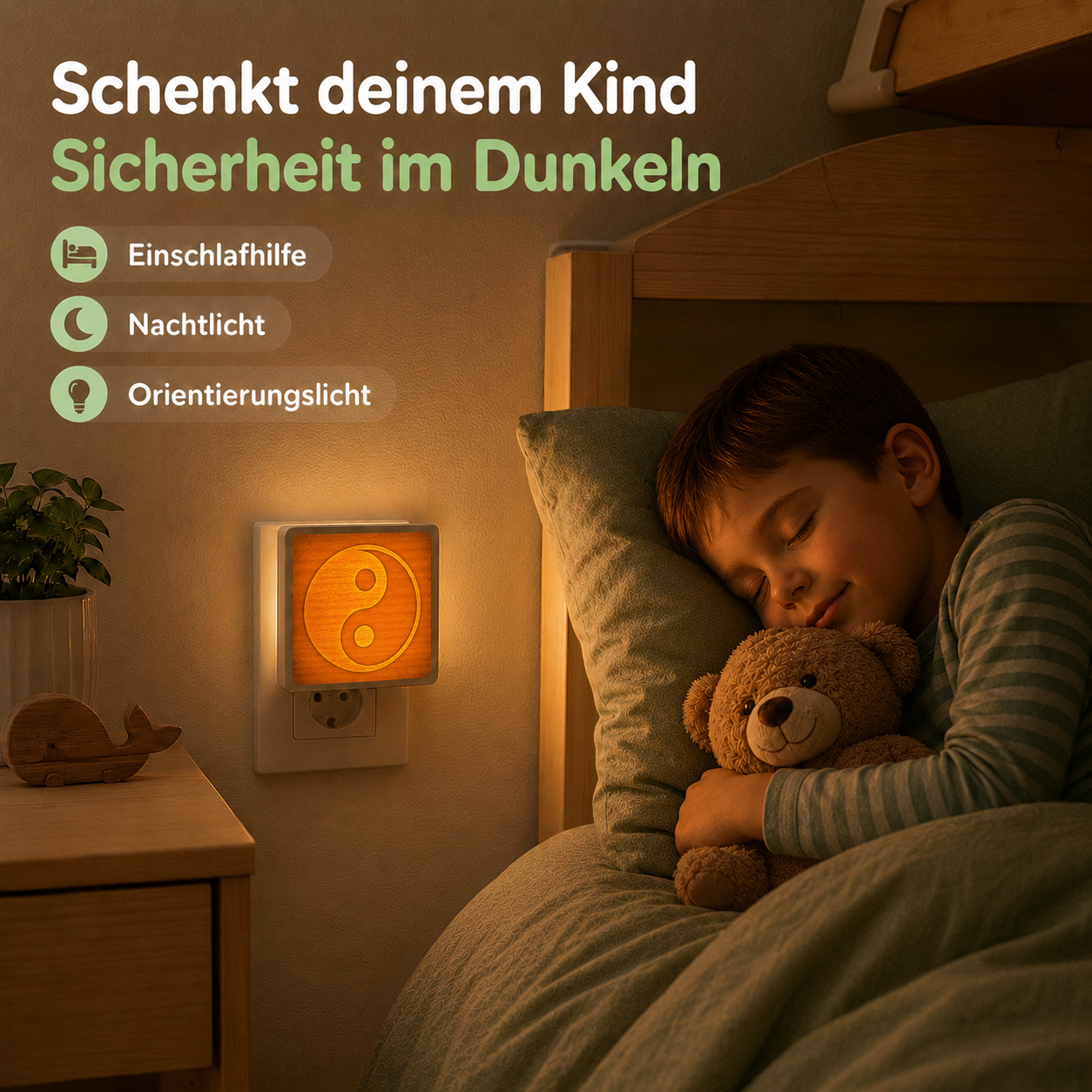 Schlafendes Kind mit Yin-Yang-Nachtlicht aus Holz als sanfte Orientierung im Dunkeln