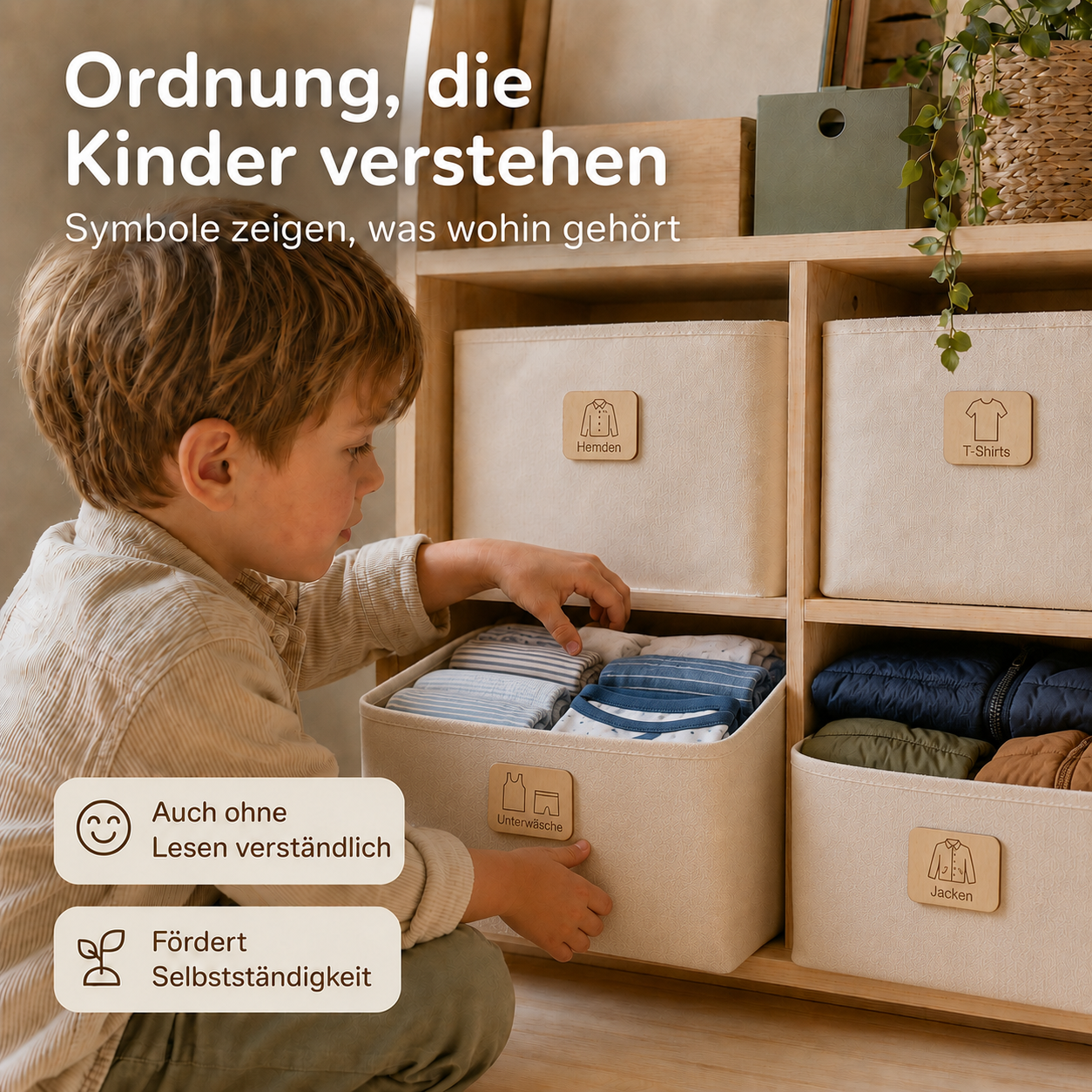 Kind sortiert Kleidung in beschriftete Boxen mit Kinderzimmer Etiketten aus Holz