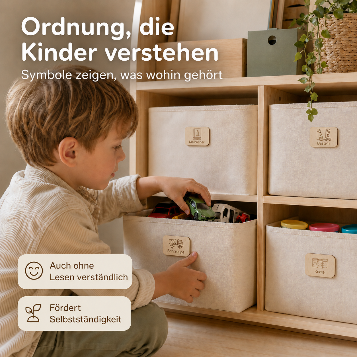 Kind sortiert Spielsachen in beschriftete Boxen mit Kinderzimmer Etiketten aus Holz