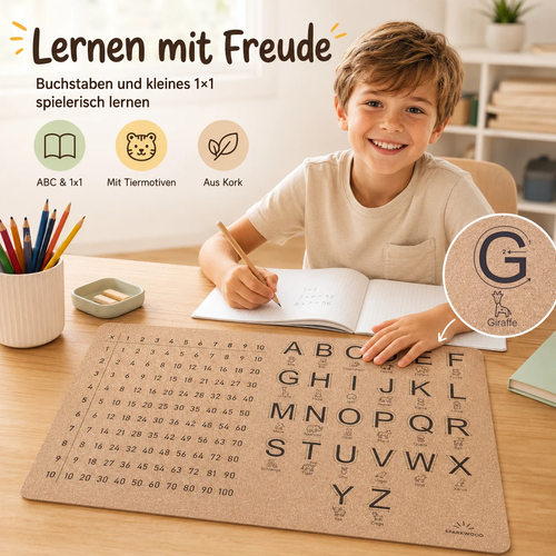 Kind lernt mit einer Schreibtischunterlage aus Kork das Alphabet und kleine Einmaleins am Schreibtisch