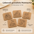 Set mit fünf Kork-Untersetzern für Kinder mit Mutmach-Sprüchen, Tiermotiven und abgerundeten Ecken