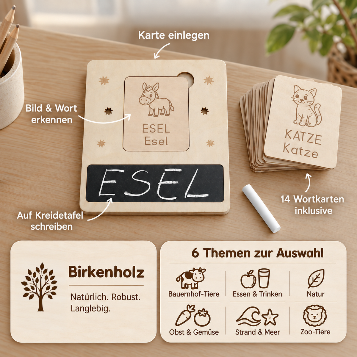 Lernbrett mit eingelegter Wortkarte, beschreibbarem Kreidefeld und Stapel gravierter Wortkarten