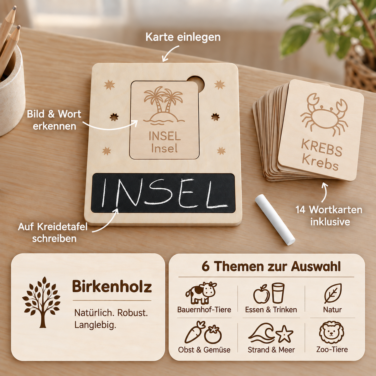 Lernbrett mit eingelegter Wortkarte, beschreibbarem Kreidefeld und Stapel gravierter Wortkarten