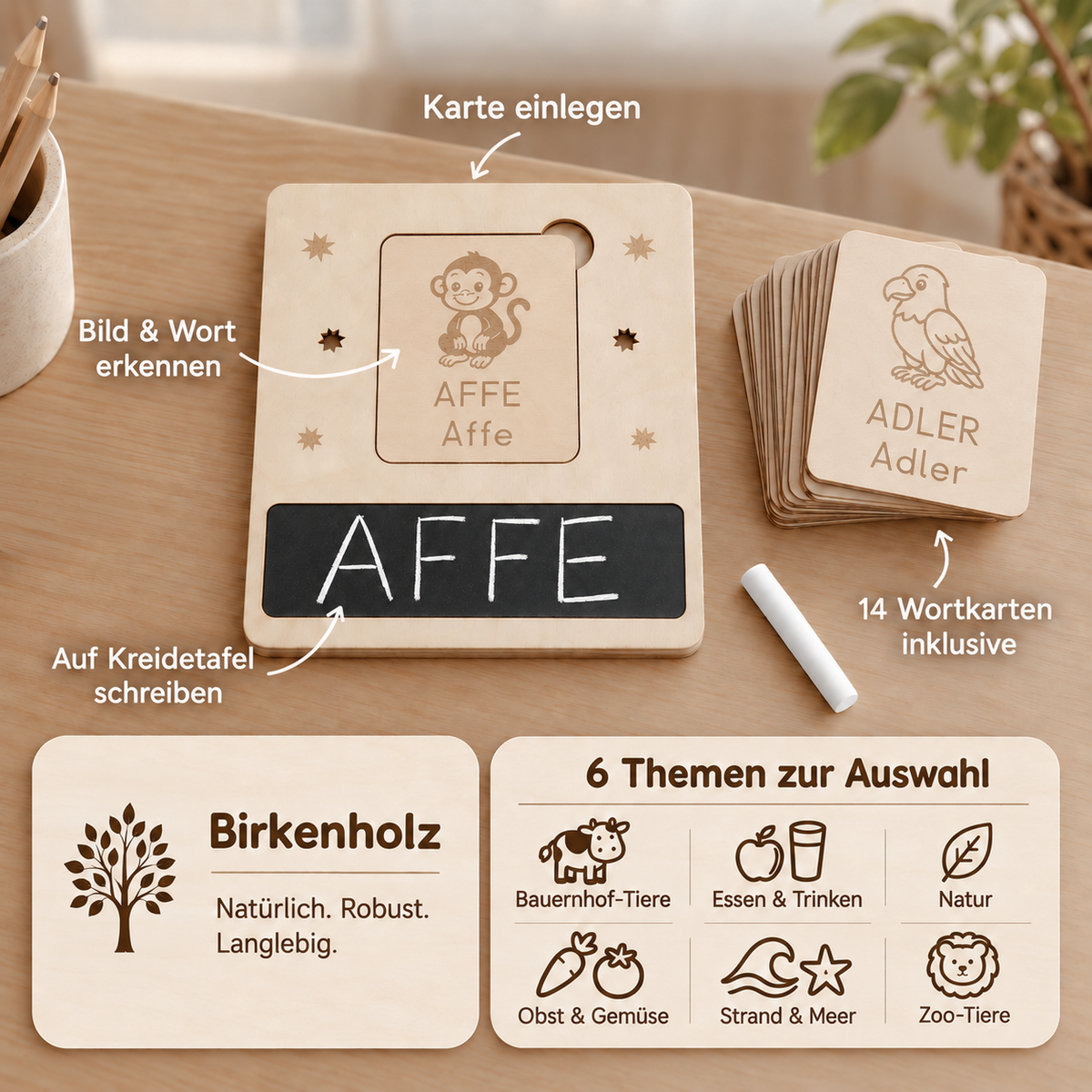 Lernbrett mit eingelegter Wortkarte, beschreibbarem Kreidefeld und Stapel gravierter Wortkarten