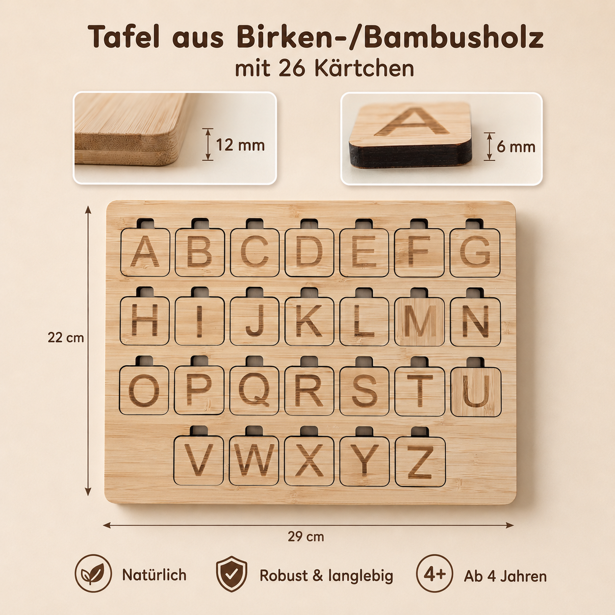 Montessori Alphabet Puzzle mit 26 Holz-Kärtchen