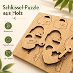 Detailansicht des Schlüssel- und Schloss-Puzzles aus Holz mit herausgenommenen Schloss- und Schlüsselteilen