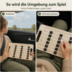 Kind nutzt die Schnitzeljagd Autoreise im Auto und hakt entdeckte Motive mit Kreide auf dem Holzboard ab.
